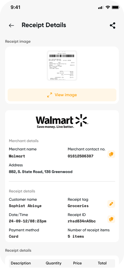 QueueReceipts app showing receipt details